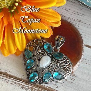 Blue Topaz Moonstone Pendant Handmade Gemstone Crystal 925 Silver Bohemian New!
